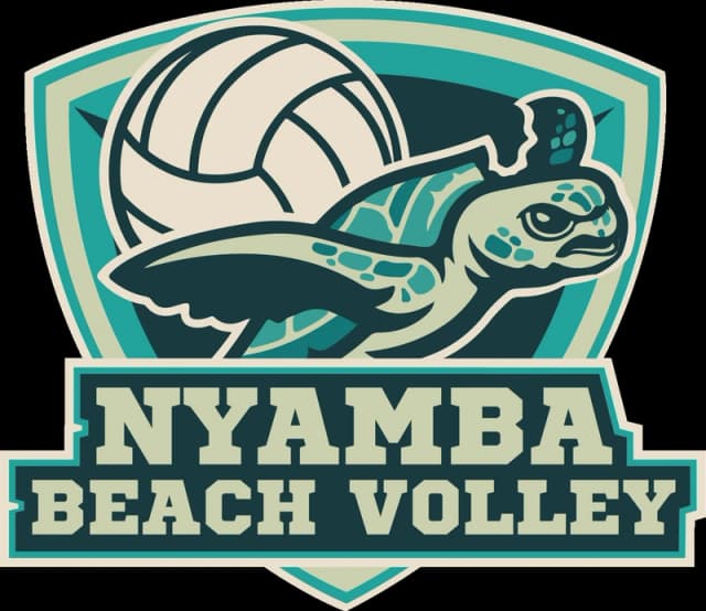 Logo officiel du club Nyamba BeachVolley : une tortue smasheuse et un ballon de volley sur un écusson turquoise